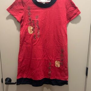 Red Short-Sleeve Embroidered Shift Dress